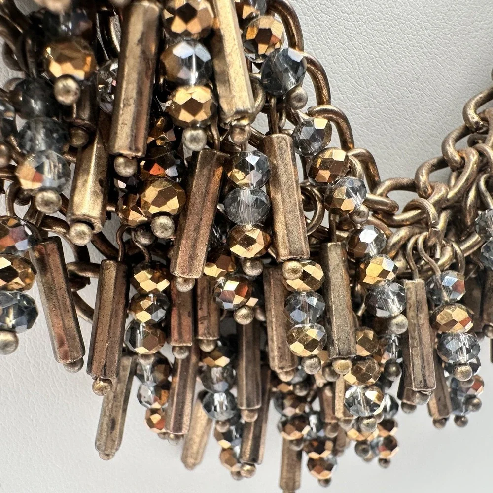 Vintage 90s Bronze Bib Necklace Glass Bead Tassel Fringe Statement Piece